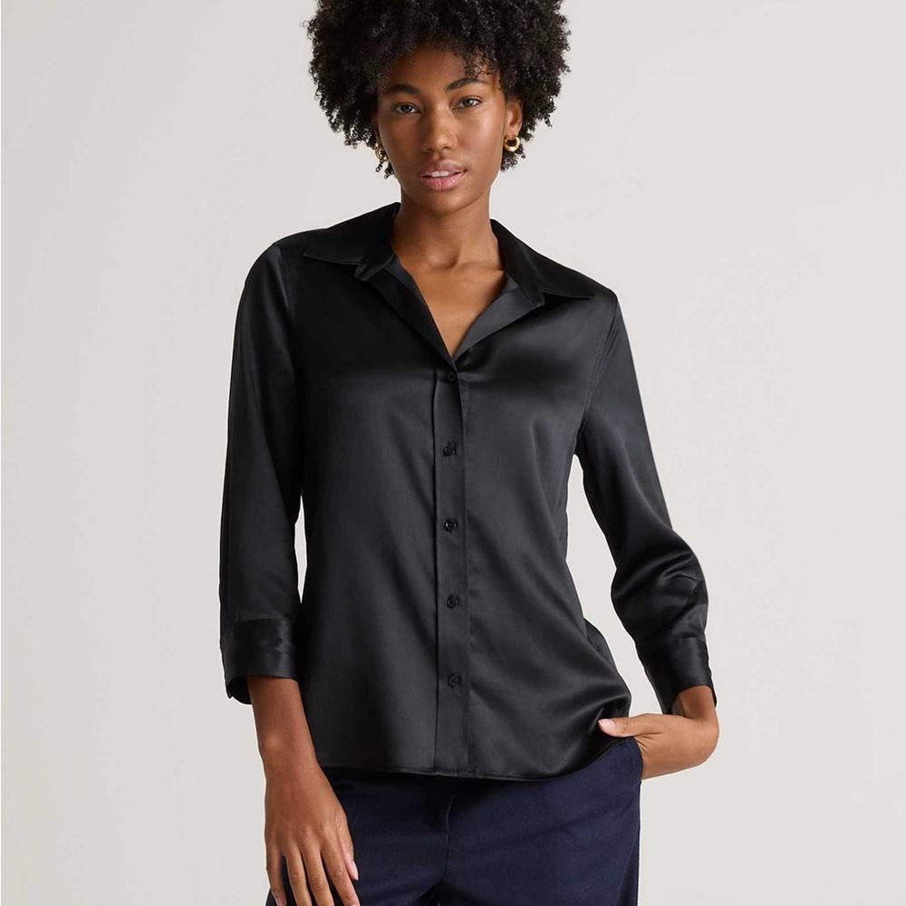 Quince Washable Silk Button Up Shirt — Black, Size Large